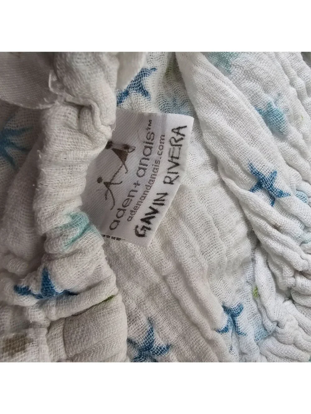 Aden + Anais Cotton Mulsin Fitted Crib Sheet White With Blue Green Stars